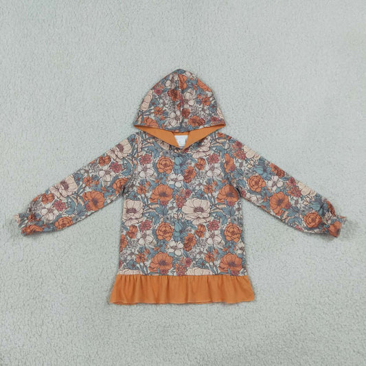 Orange flowers print girls long sleeve hoodie top
