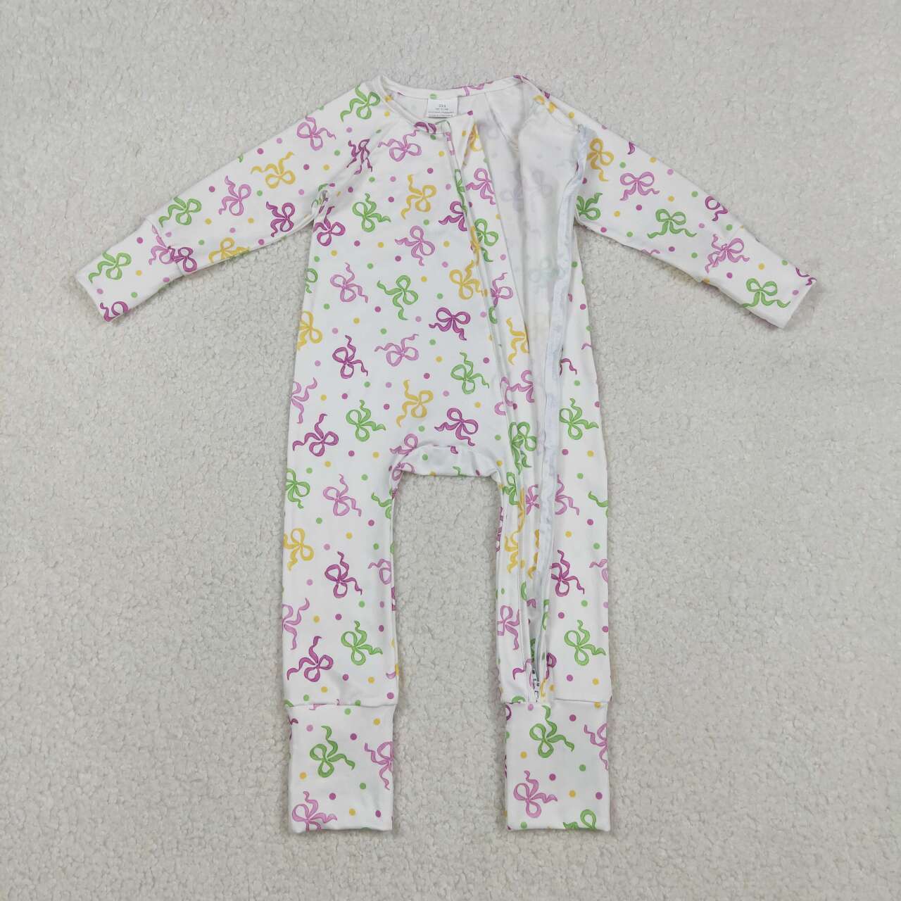 Mardi Gras lavender bows print  toddle baby long sleeve romper