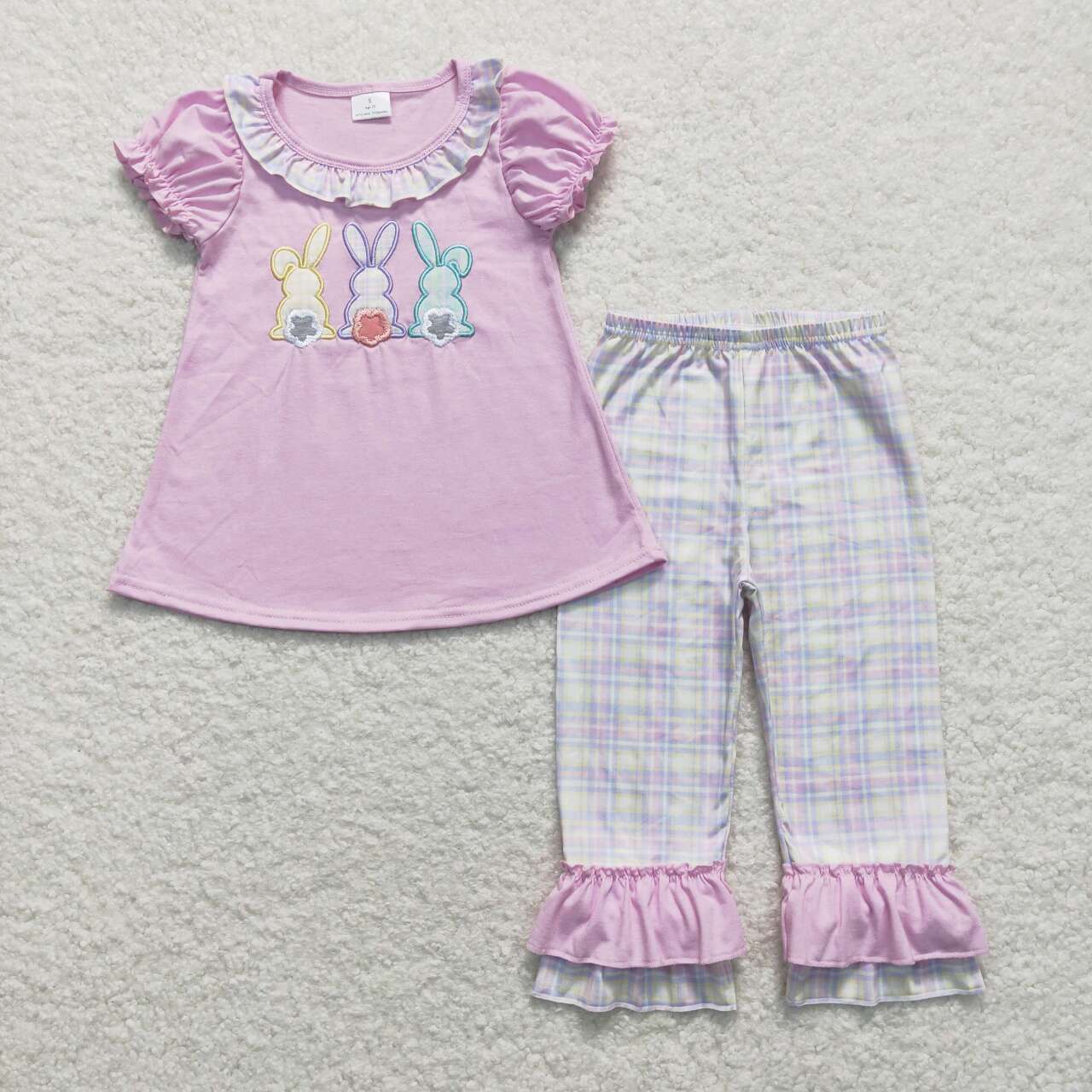 girls Easter three bunny top ruffle pants outfit