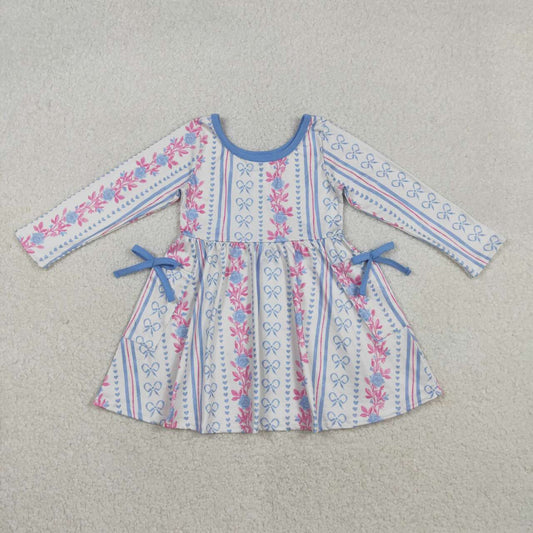 Blue bow floral design girls long sleeve dress