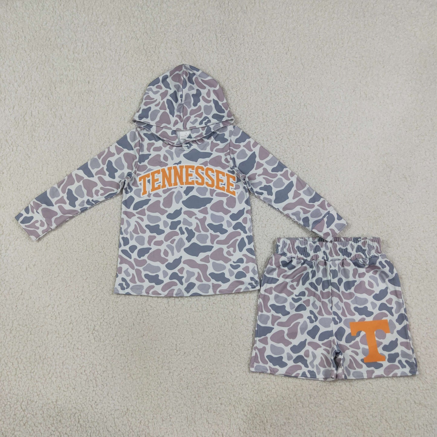 Boys long sleeve tenne camo hoodie top matching shorts outfit