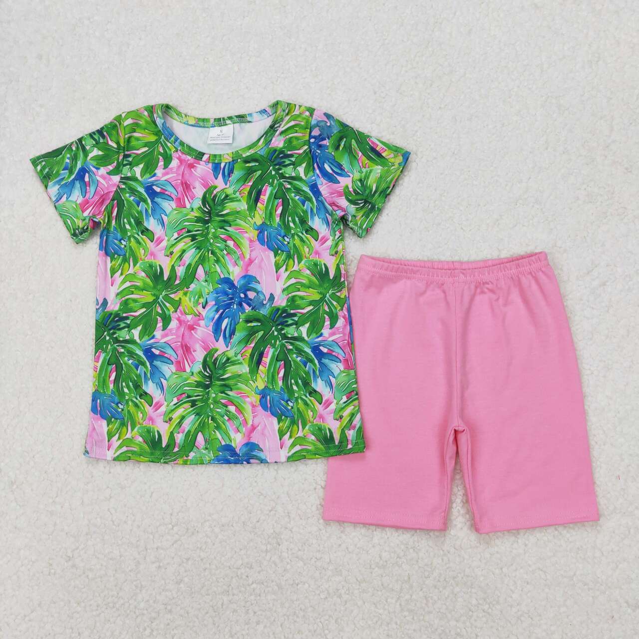 Girls green leaves shirt matching shorts summer outfit