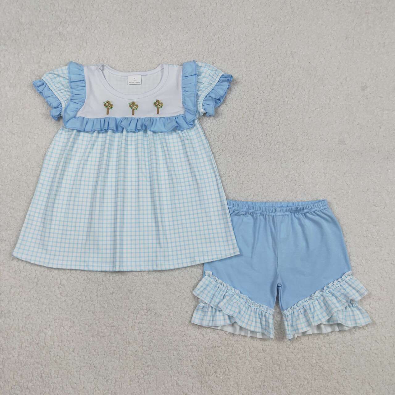 Easter embroidery cross blue plaid kids girls holiday outfit