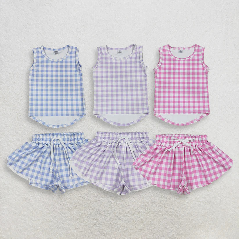 Lavender plaid top matching shorts girl summer yoga outfit