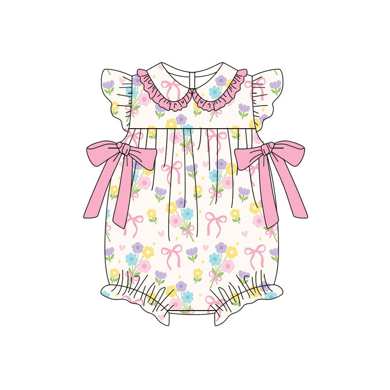 Flowers bow design kids short sleeve bow romper