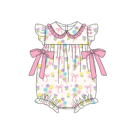 Flowers bow design kids short sleeve bow romper