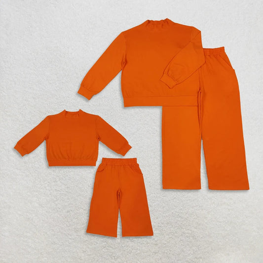 Mommy and me orange color long sleeve mock neck top matching leggings set