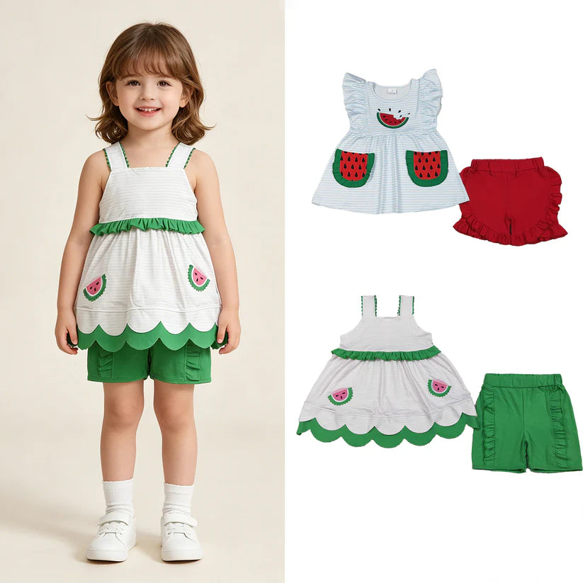 Embroidery Watermelon top matching shorts toddle baby girl outfit