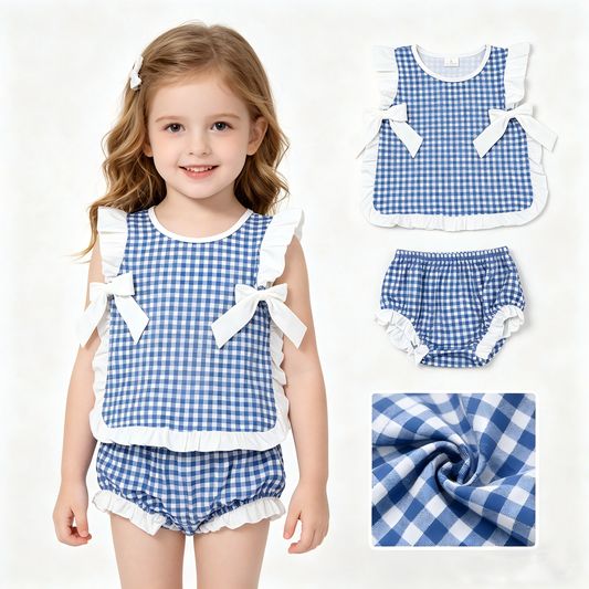 July 4th blue plaid design girls summer bummies outfit