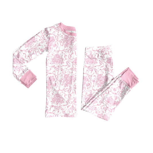 Pink bow print kids pajama set wholesal factory price
