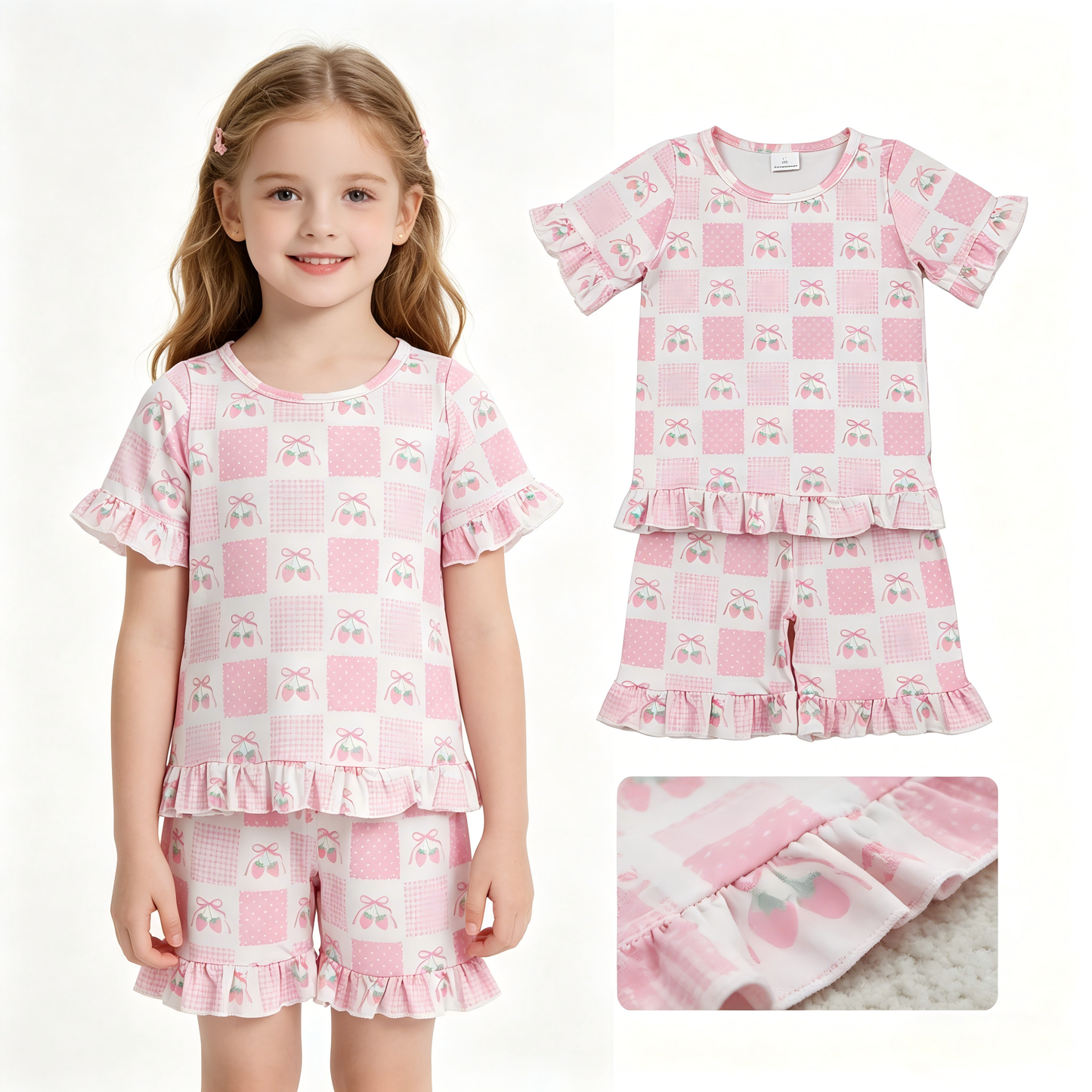 Strawberry short sleeve top matching shorts girls summer outfit