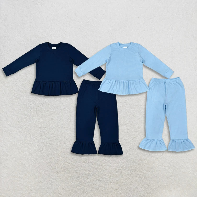 Blue color long sleeve top matching pants girls clothes set