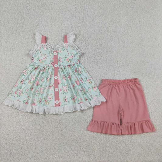Pink flowers top matching shorts  girls summer outfit