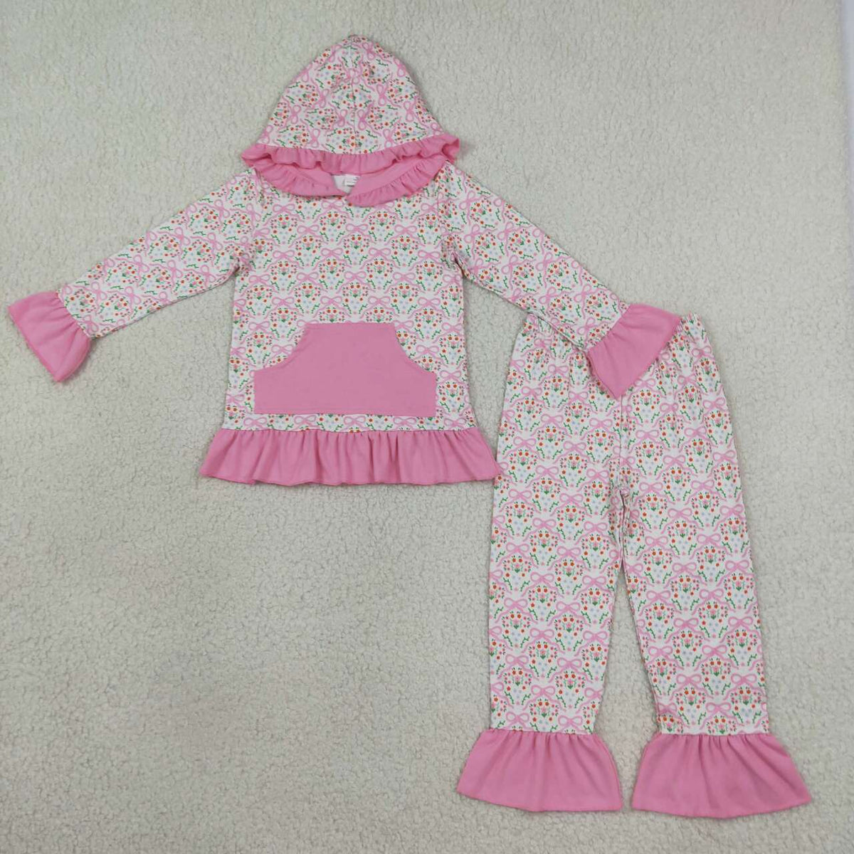 Pink bow floral print long sleeve top matching pants girls set outfit