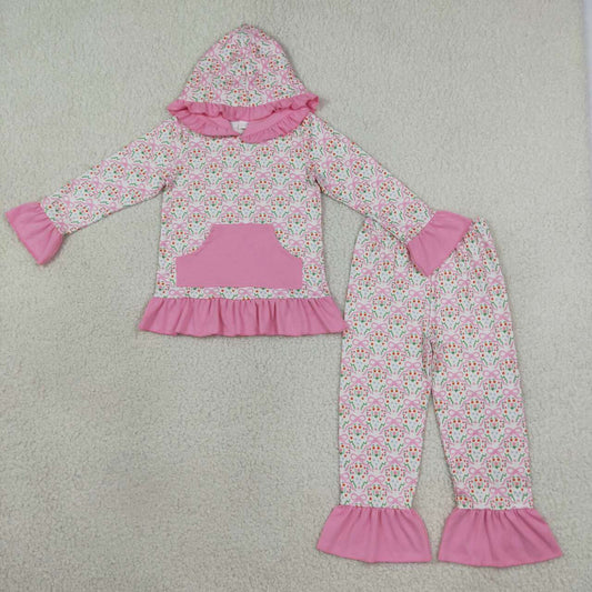 Pink bow floral print long sleeve top matching pants girls set outfit