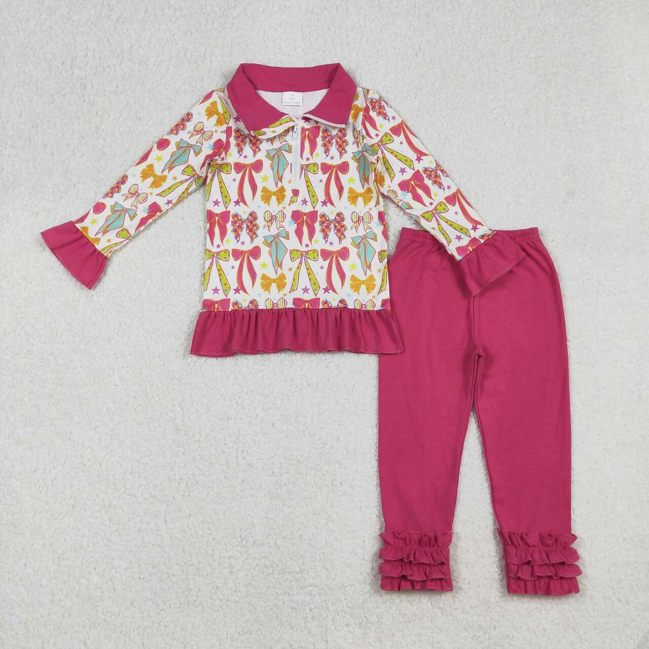 Colorful bows design girls long sleeve matching outfit