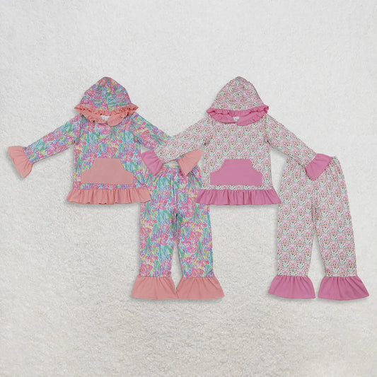 Coral print long sleeve top matching pants girls set outfit