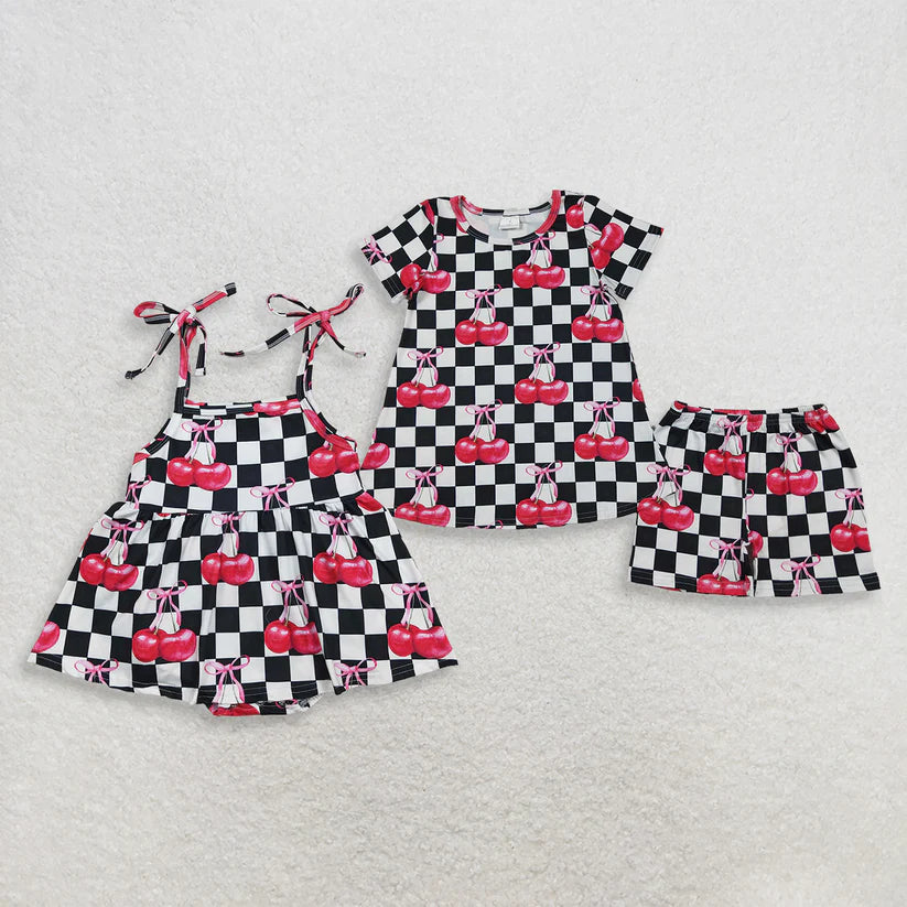 Black checkered cherry top matching short girl summer outfit