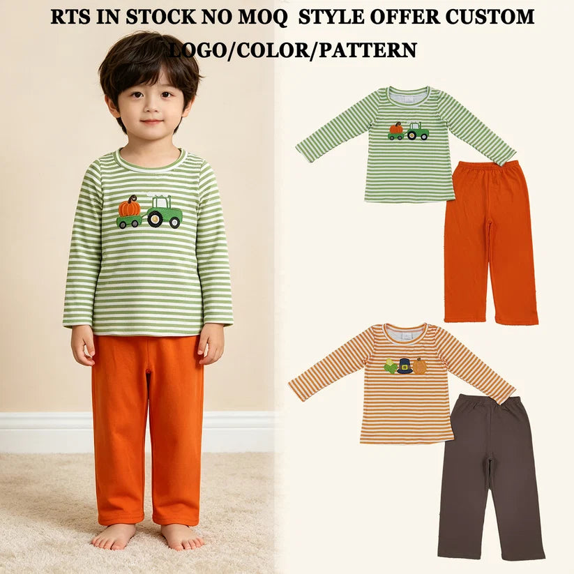 Boy long sleeve embroidery pumpkin truck top matching pants boy spring fall outfit