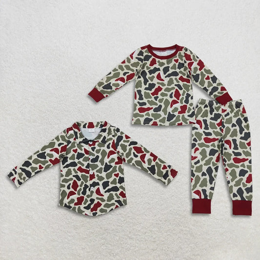 Christmas green red camo print bouy long sleeve pajama set