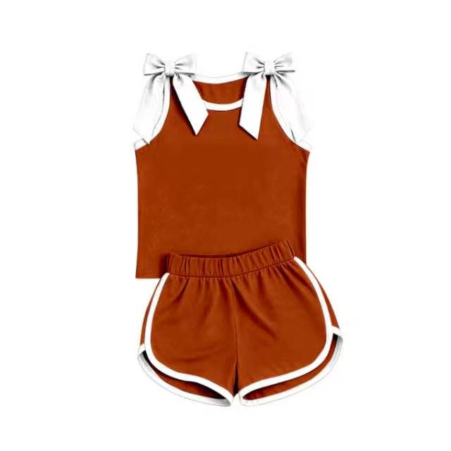Solid color bow top matching shorts girls summer outfit