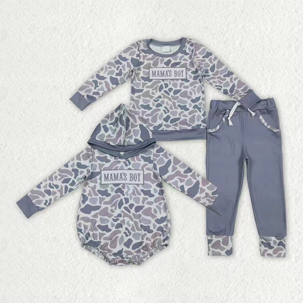 Embroidery mamas boy light grey camo top matching pants outfit