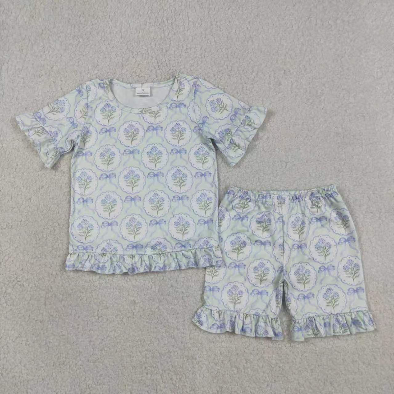 Pink bow short sleeve top matching shorts girls summer outfit