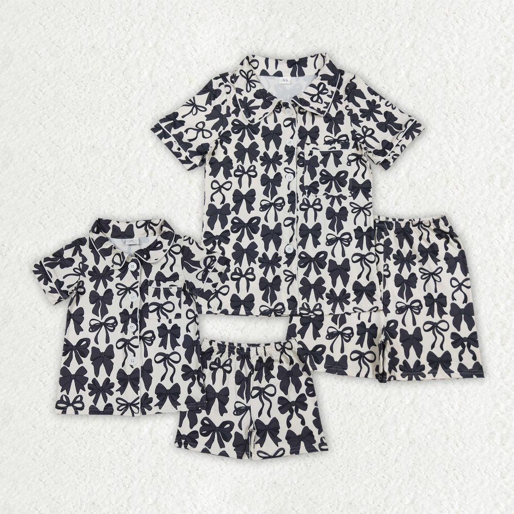 mommy and me black bow short sleeve button down pajama set