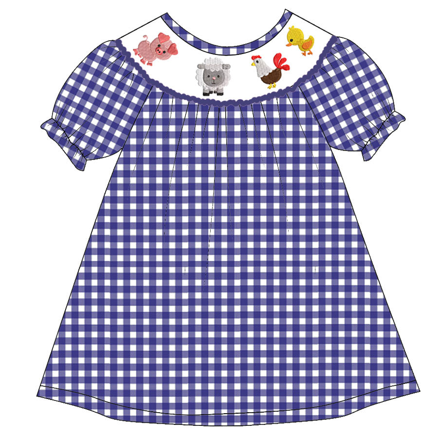 toddle girls short sleeve farm animal blue gingham dress
