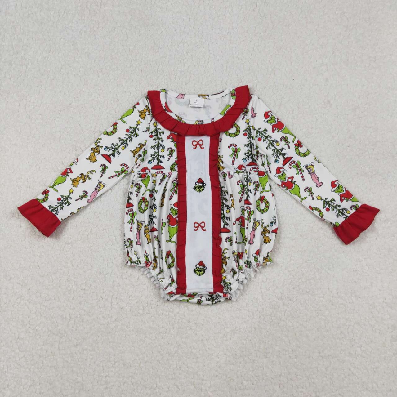 Christmas green face red bow toddle baby long sleeve embroidery zip romper