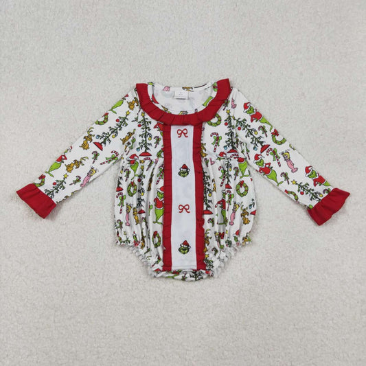 Christmas green face red bow toddle baby long sleeve embroidery zip romper