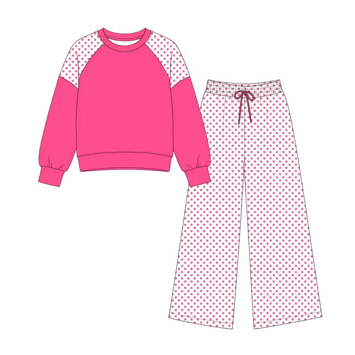 Hot pink color polka dots design long sleeve top pants set