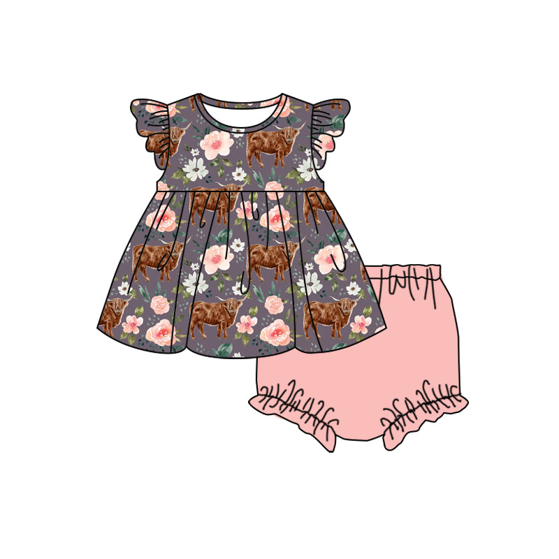 baby girl floral highland cow bummies set