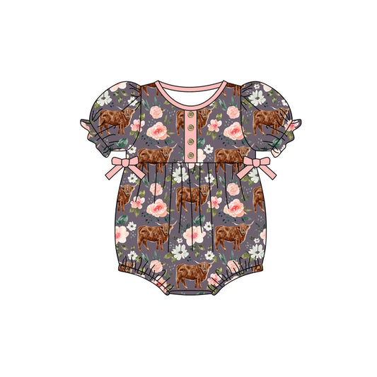infant baby girl floral highland cow romper