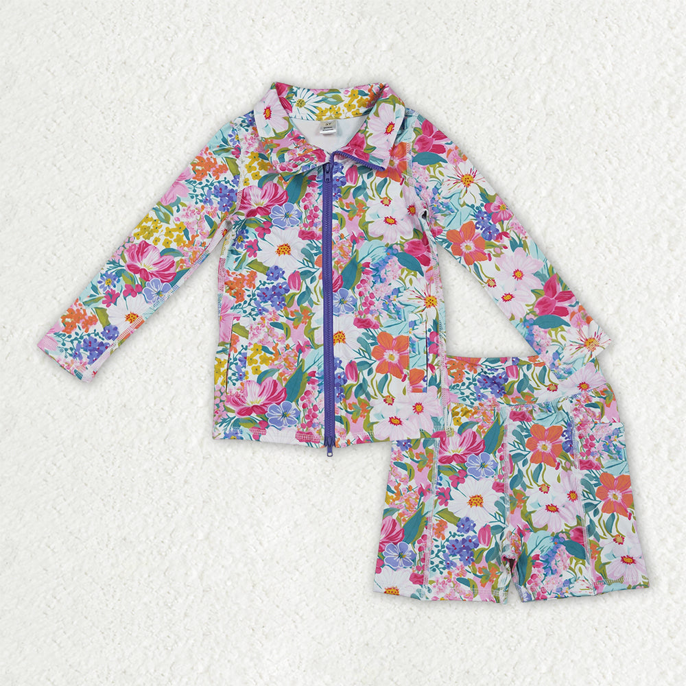 Baby girls colorful flowers top matching skirt long sleeve active wear athletic yoga set