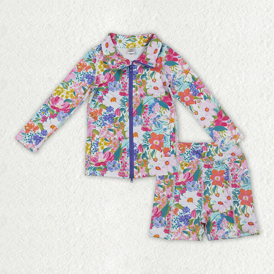 Baby girls colorful flowers top matching skirt long sleeve active wear athletic yoga set