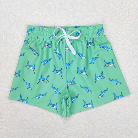 Boys green fish design swim trunks