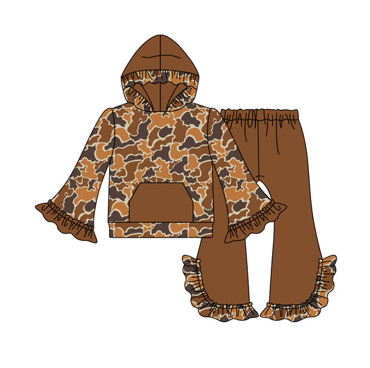 wholesale price baby girls brown camo design long sleeve hoodie set