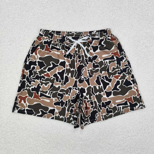 Adult man dark green brown camo summer swim trunks