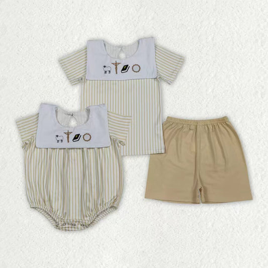 Embroidery Easter corss top matching shorts boys summer outfit