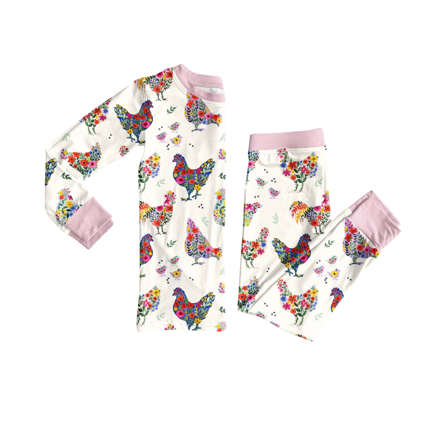 Floral chicken girls long sleeve pajama set