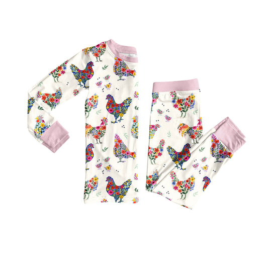 Floral chicken girls long sleeve pajama set