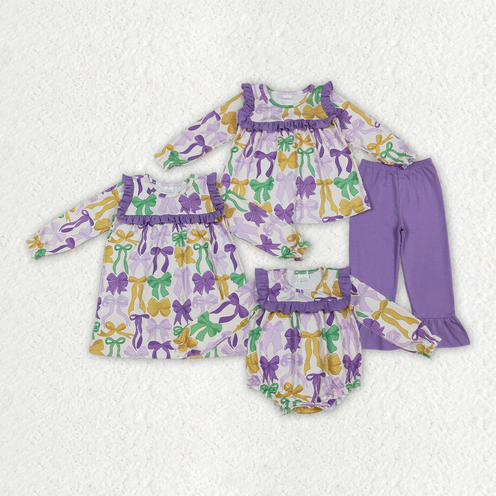 Mardi Gras bow kids long sleeve outfit
