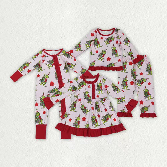 Christmas tree green face kids long sleeve matching pajama set