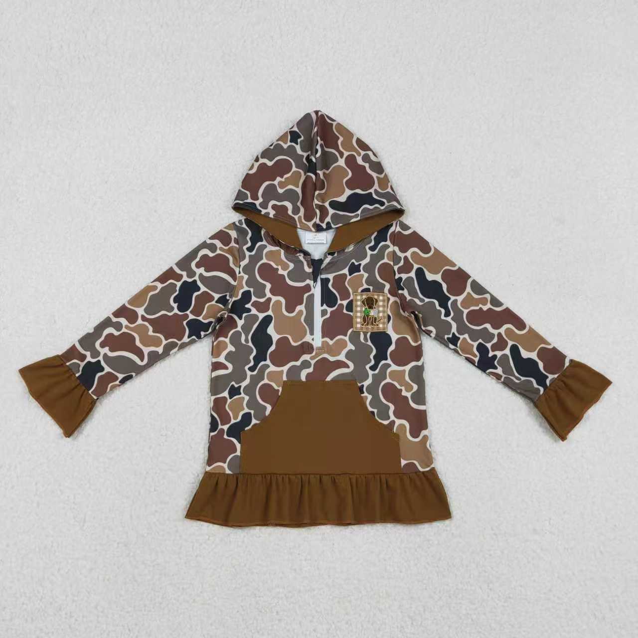 Baby girl grey camo dog duck embroidery design long sleeve hoodie top