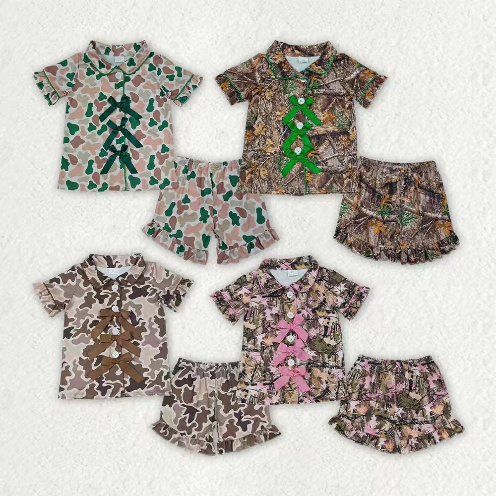 Pink bow camo top matching shorts girls pajama set