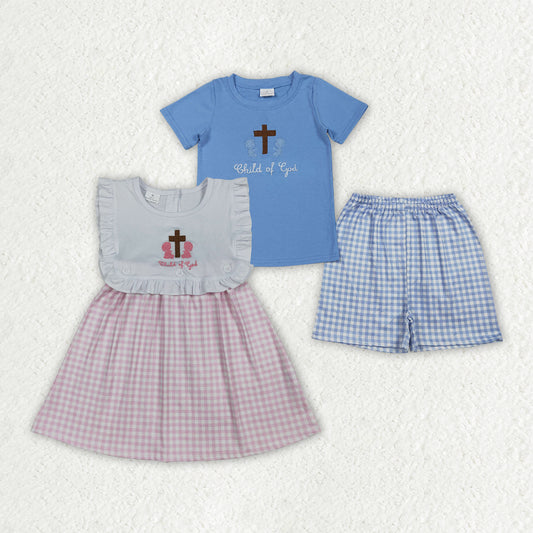 Easter cross embrodiery top matching shorts boys summer outfit