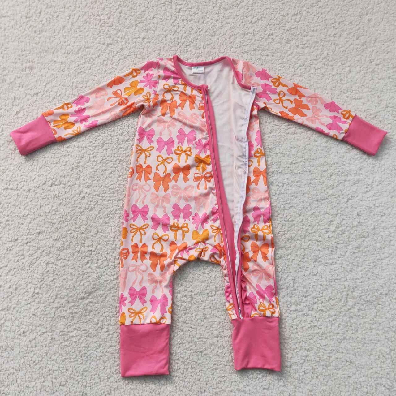 Pink orange bow toddle baby girl long sleeve zip romper