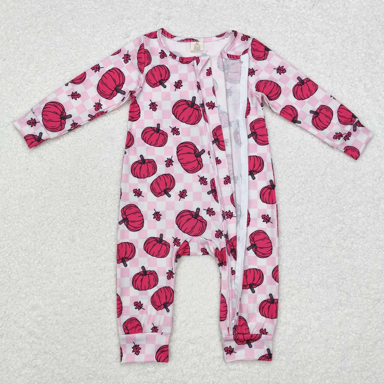 Toddle baby girls hot pink pumpkin checkered bamboo zip romper