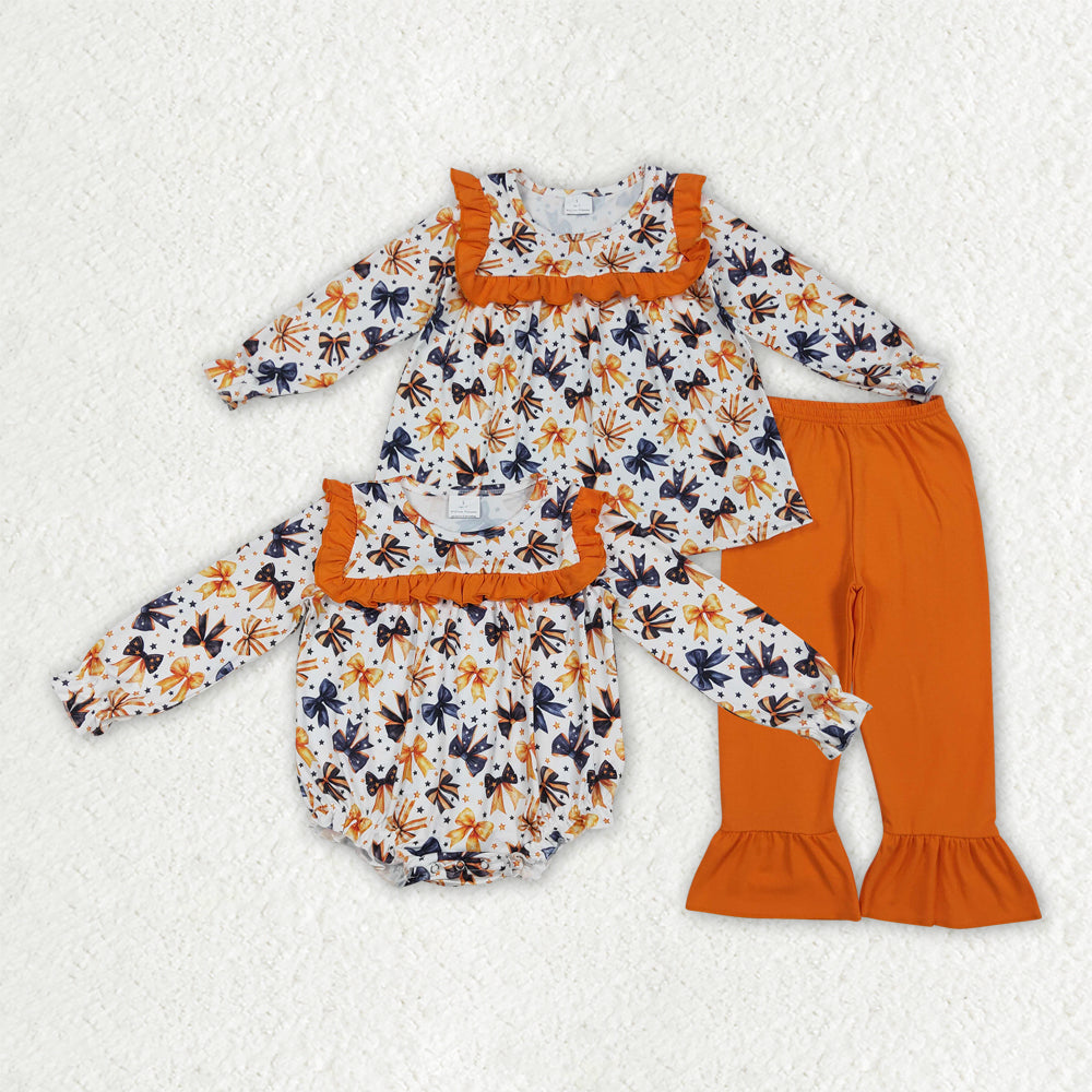 Halloween bow design girls long sleeve top matching pants clothes